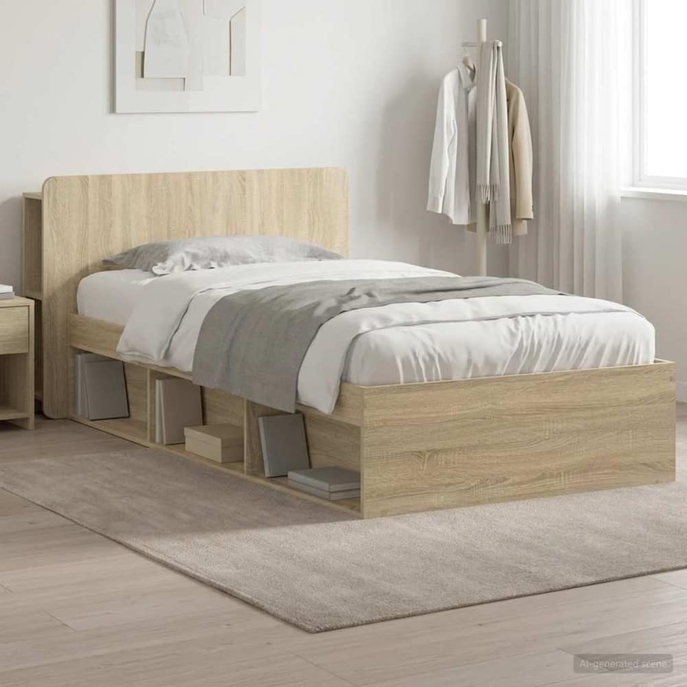 Bed Frame with Storage 90 x 190 cm Engineered Wood without Centre Shelf Sonoma oak