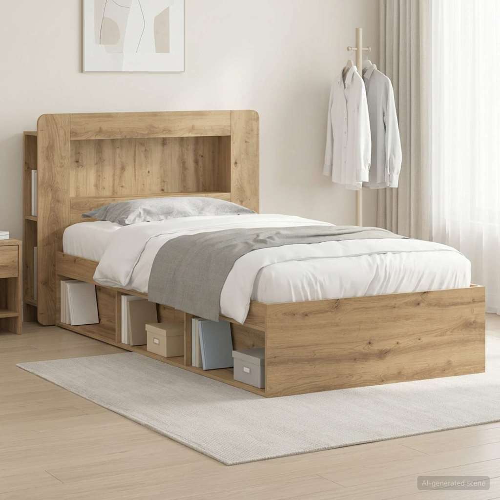 Bed Frame with Storage 90 x 190 cm Engineered Wood with Centre Shelf Artisan oak