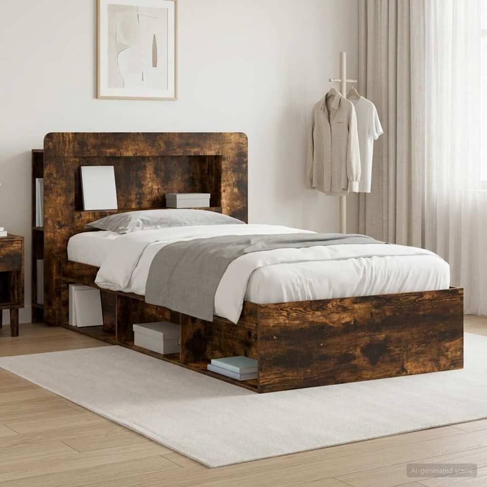 Bed Frame with Storage 90 x 190 cm Engineered Wood with Centre Shelf Smoked oak