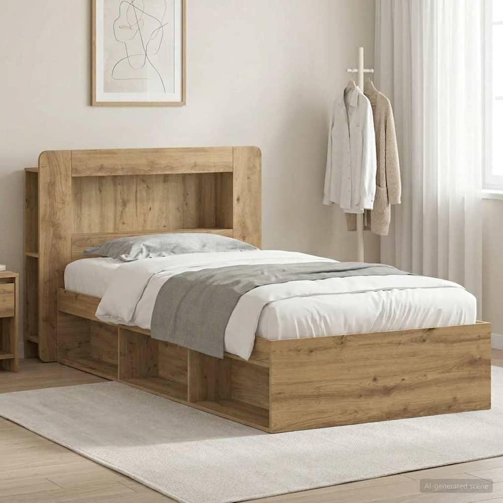 Bed Frame with Storage 100 x 200 cm Engineered Wood with Centre Shelf Artisan oak