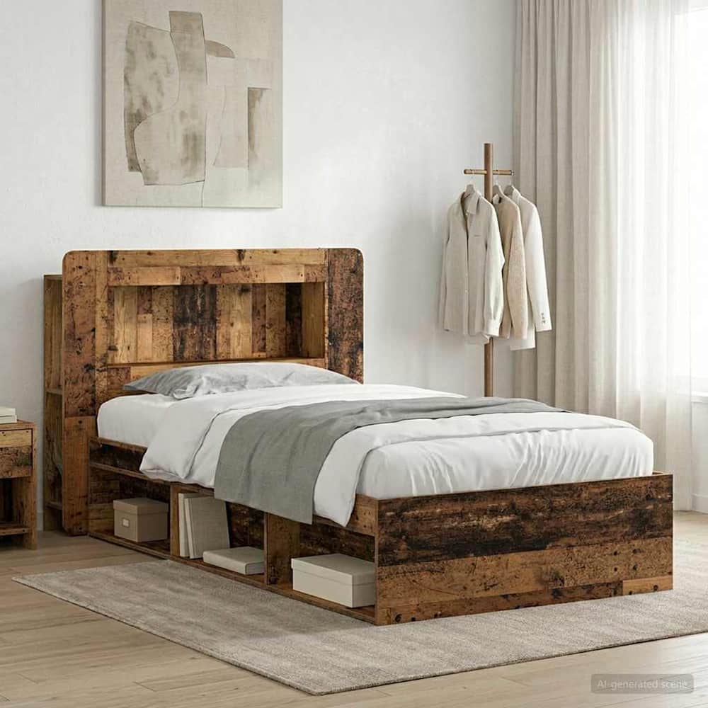 Bed Frame with Storage 100 x 200 cm Engineered Wood with Centre Shelf Old wood