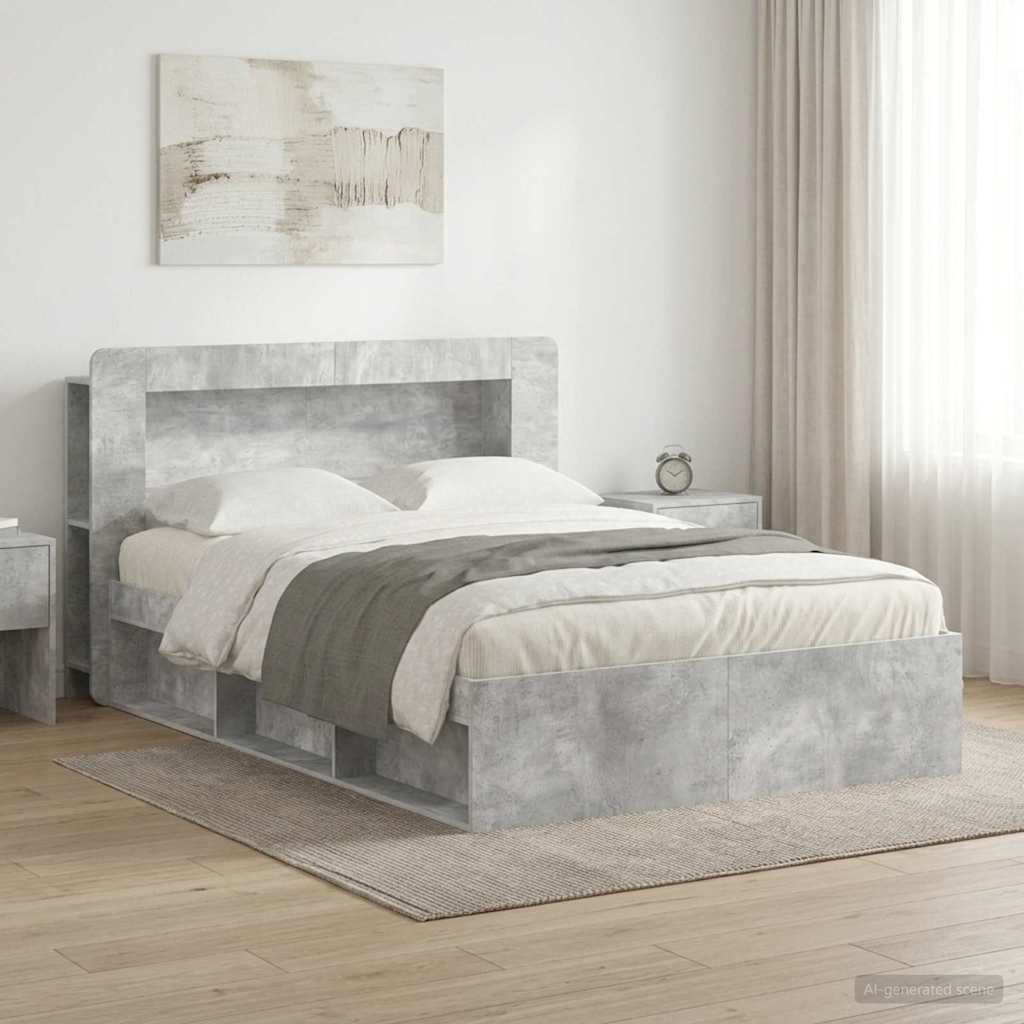 Bed Frame with Storage 140 x 190 cm Engineered Wood with Centre Shelf Concrete grey