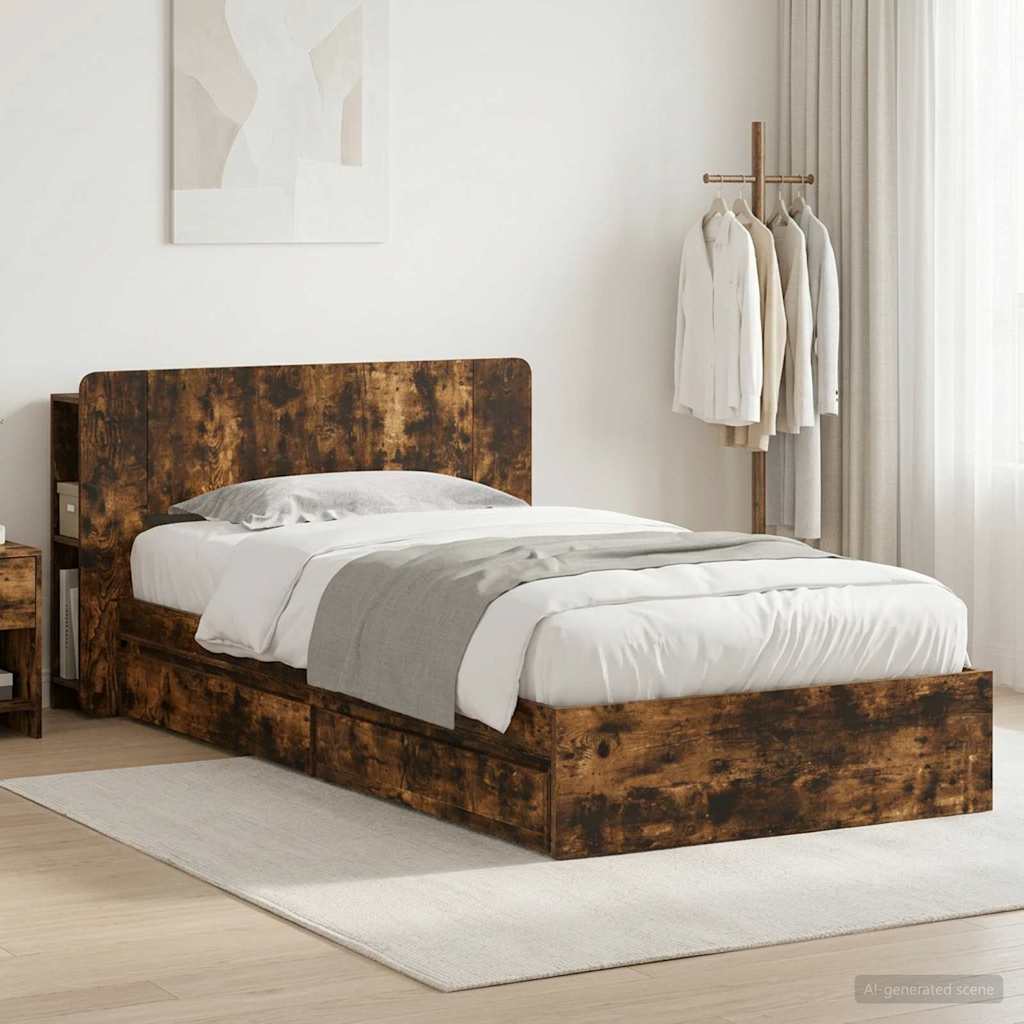 Bed Frame with Storage Engineered Wood Length 200 cm without Centre Shelf Smoked oak 100 cm
