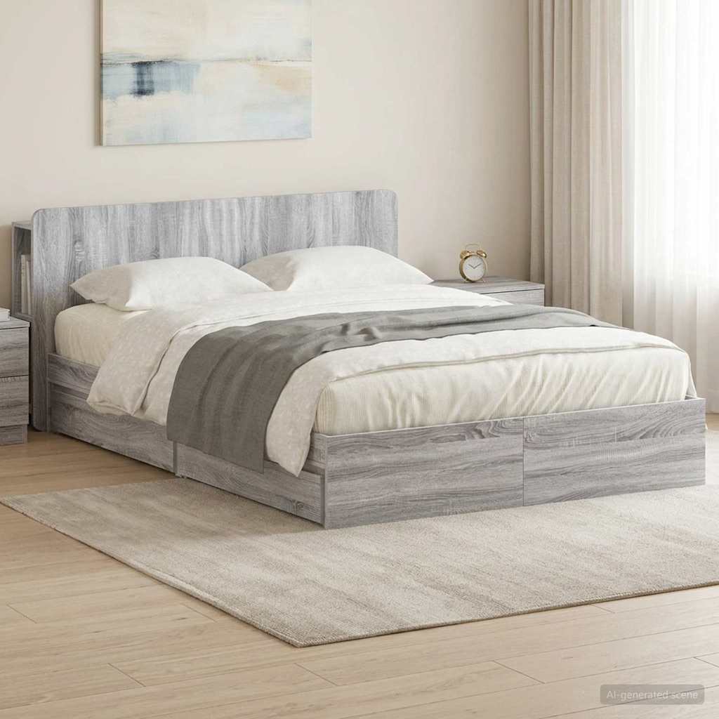 Bed Frame with Storage Engineered Wood Length 200 cm without Centre Shelf Grey sonoma 160 cm