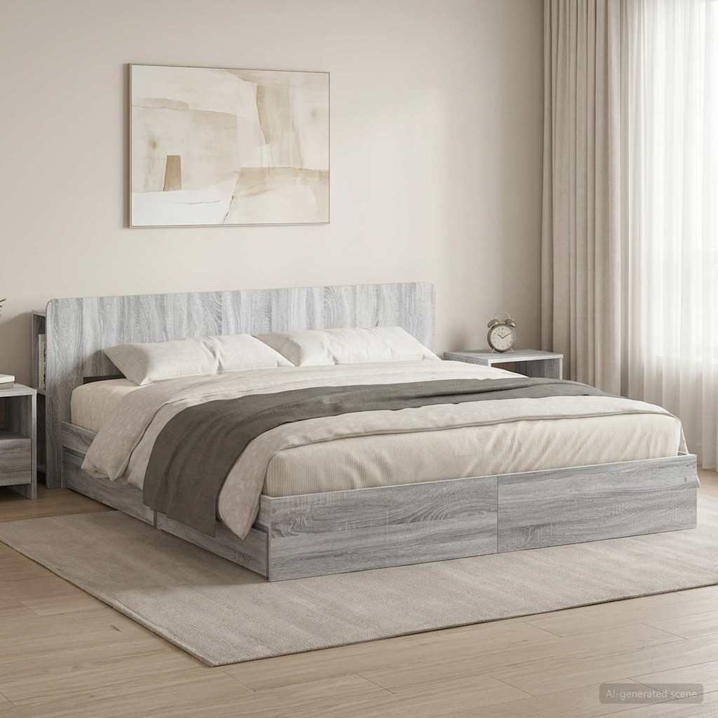 Bed Frame with Storage Engineered Wood Length 200 cm without Centre Shelf Grey sonoma 180 cm