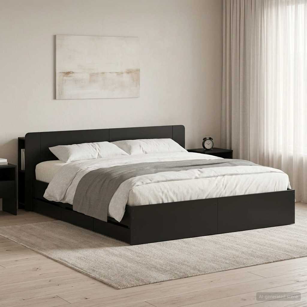 Bed Frame with Storage and Headboard Length 200 cm without Centre Shelf Black 180 cm