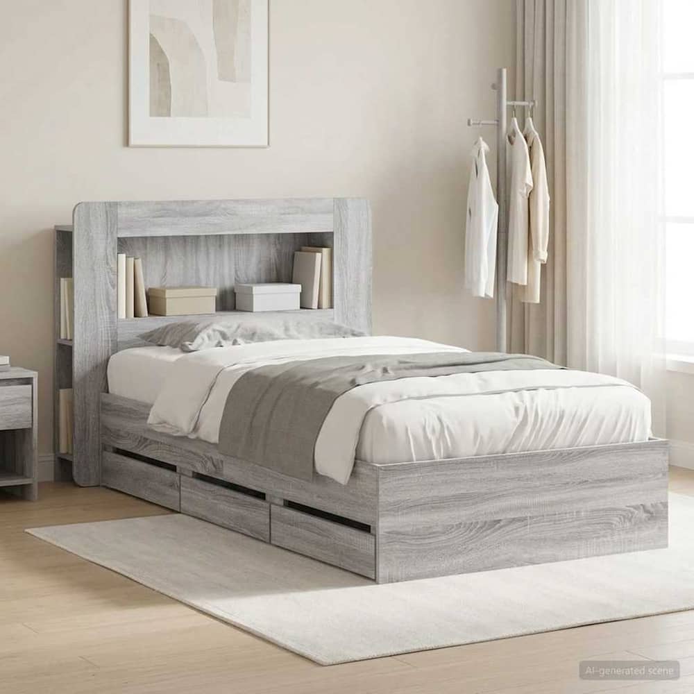 Bed Frame with Storage and Headboard Length 200 cm with Centre Shelf Grey Sonoma 80 cm