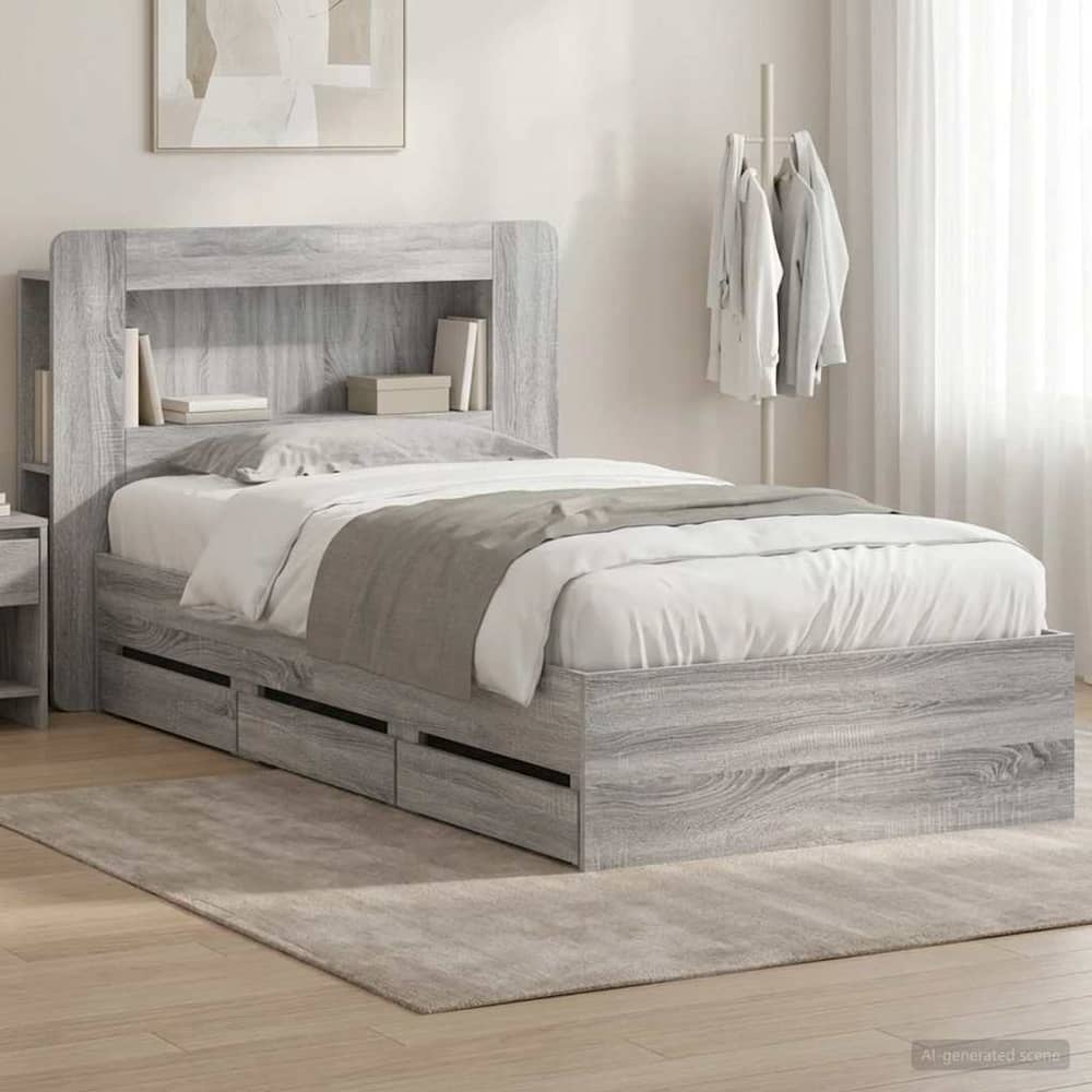Bed Frame with Storage and Headboard Length 200 cm with Centre Shelf Grey Sonoma 90 cm