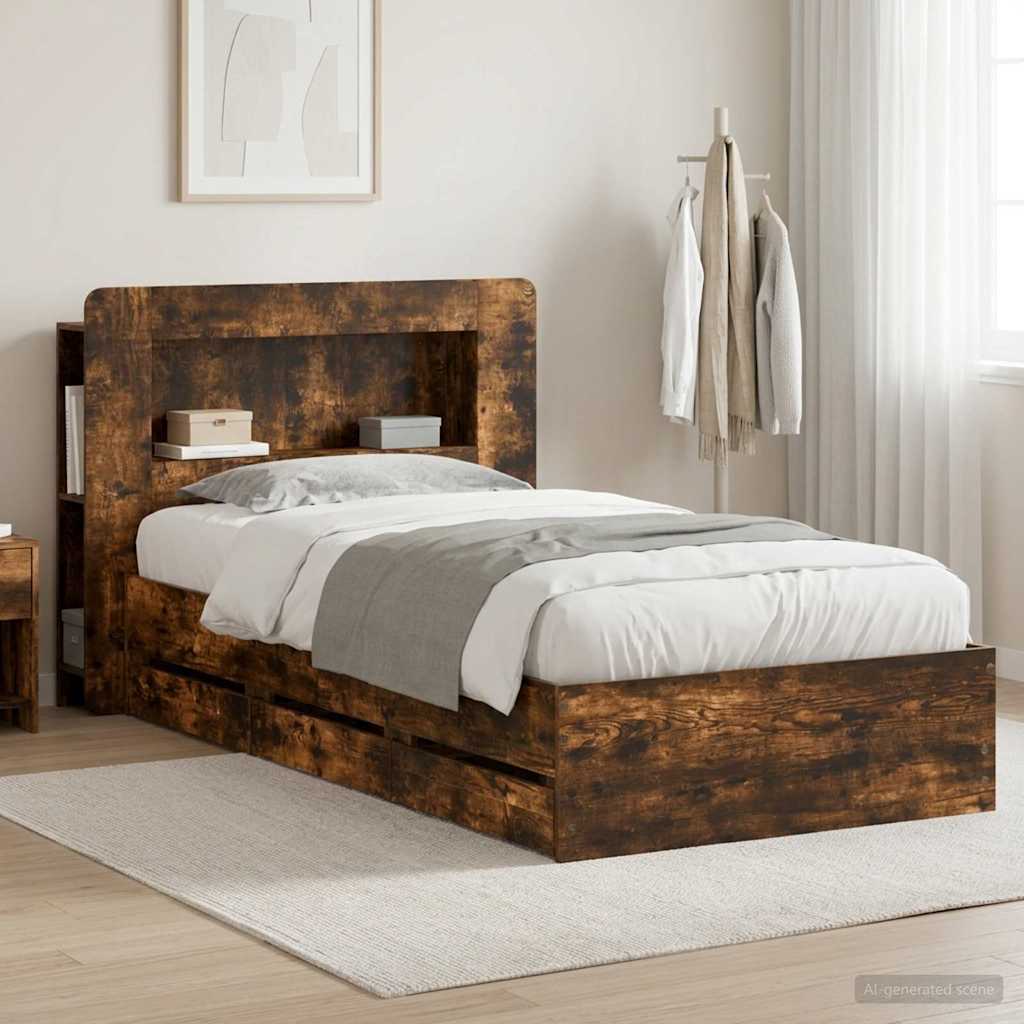 Bed Frame with Storage and Headboard Length 200 cm with Centre Shelf Smoked Oak 90 cm