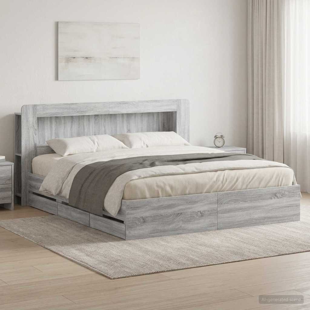 Bed Frame with Storage and Headboard Length 200 cm with Centre Shelf Grey Sonoma 180 cm