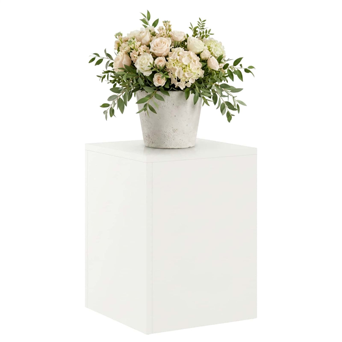 The white plant stand with a floral arrangement on top, displayed in a studio setting