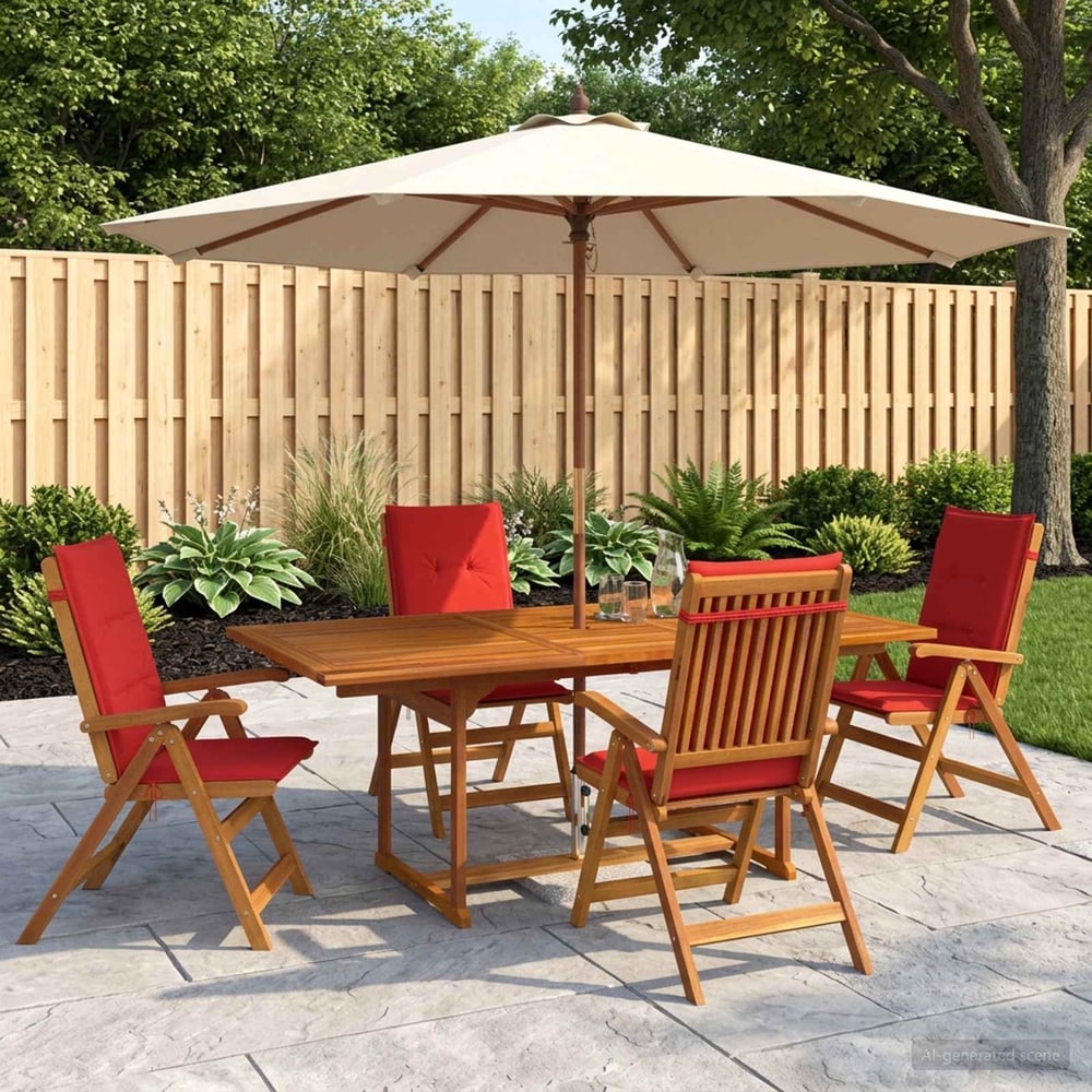 5-Piece Garden Dining Set Natural Solid Acacia Wood 4-Seater Red Rectangular