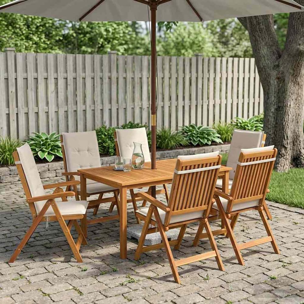 7-Piece Garden Dining Set Natural Solid Acacia Wood with cream white cushion 6