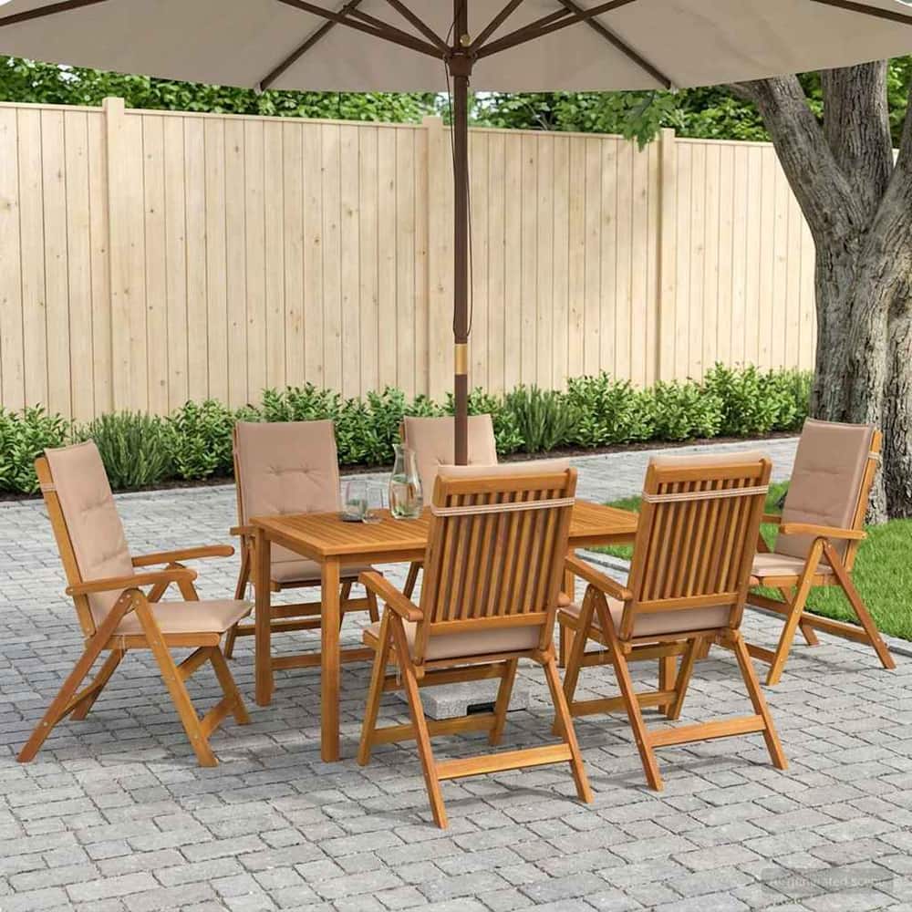 7-Piece Garden Dining Set Natural Solid Acacia Wood with beige cushion 6