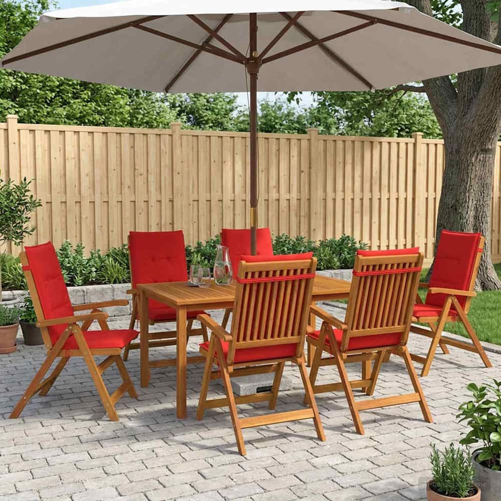 7-Piece Garden Dining Set Natural Solid Acacia Wood with red cushion 6