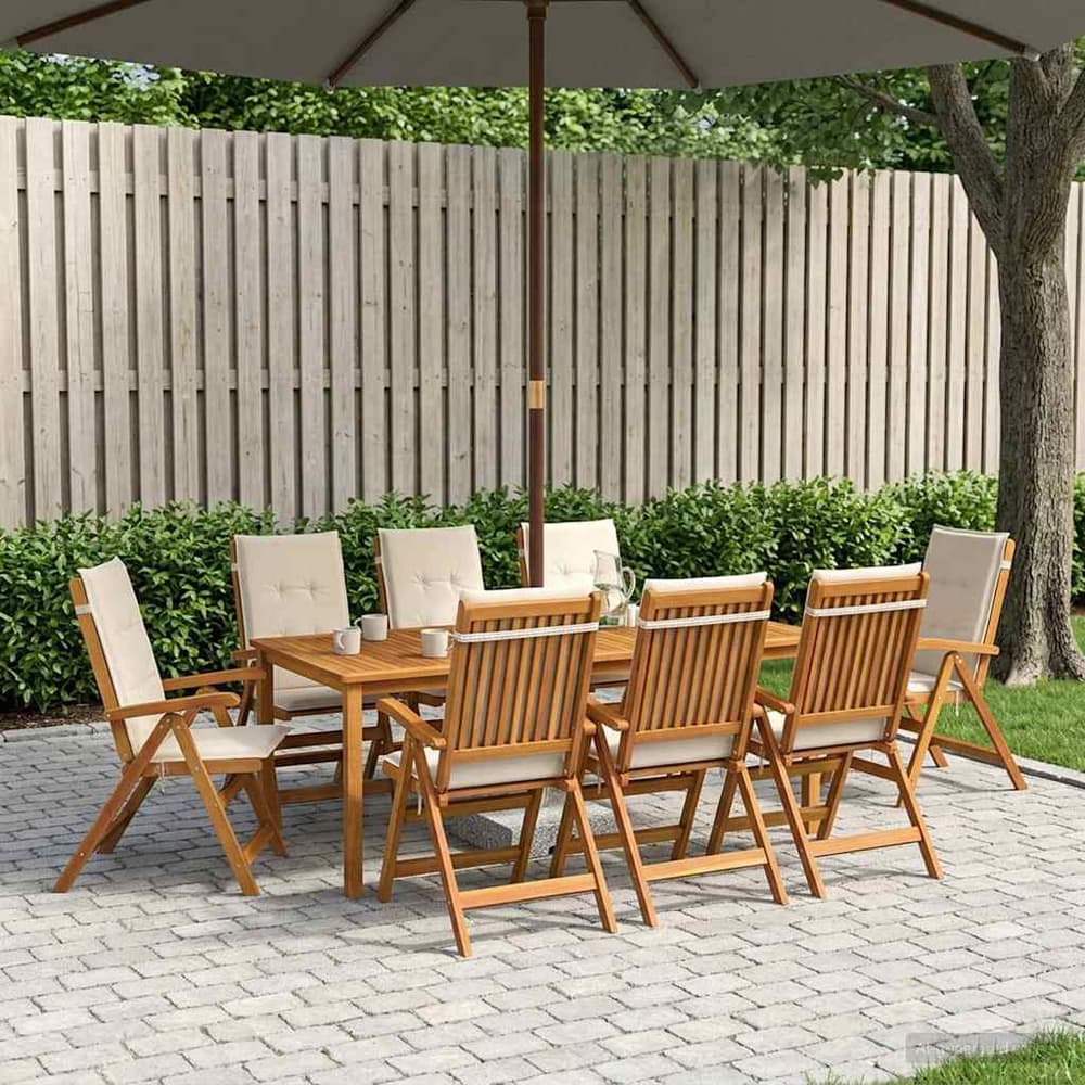 7-Piece Garden Dining Set Natural Solid Acacia Wood with cream white cushion 8