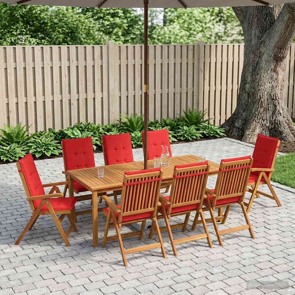 7-Piece Garden Dining Set Natural Solid Acacia Wood with red cushion 8