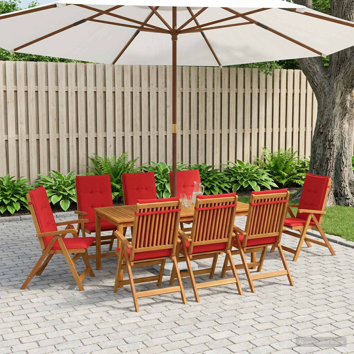 Garden Dining Set 6-Seaters Natural Solid Acacia Wood Red Table + 8x chair