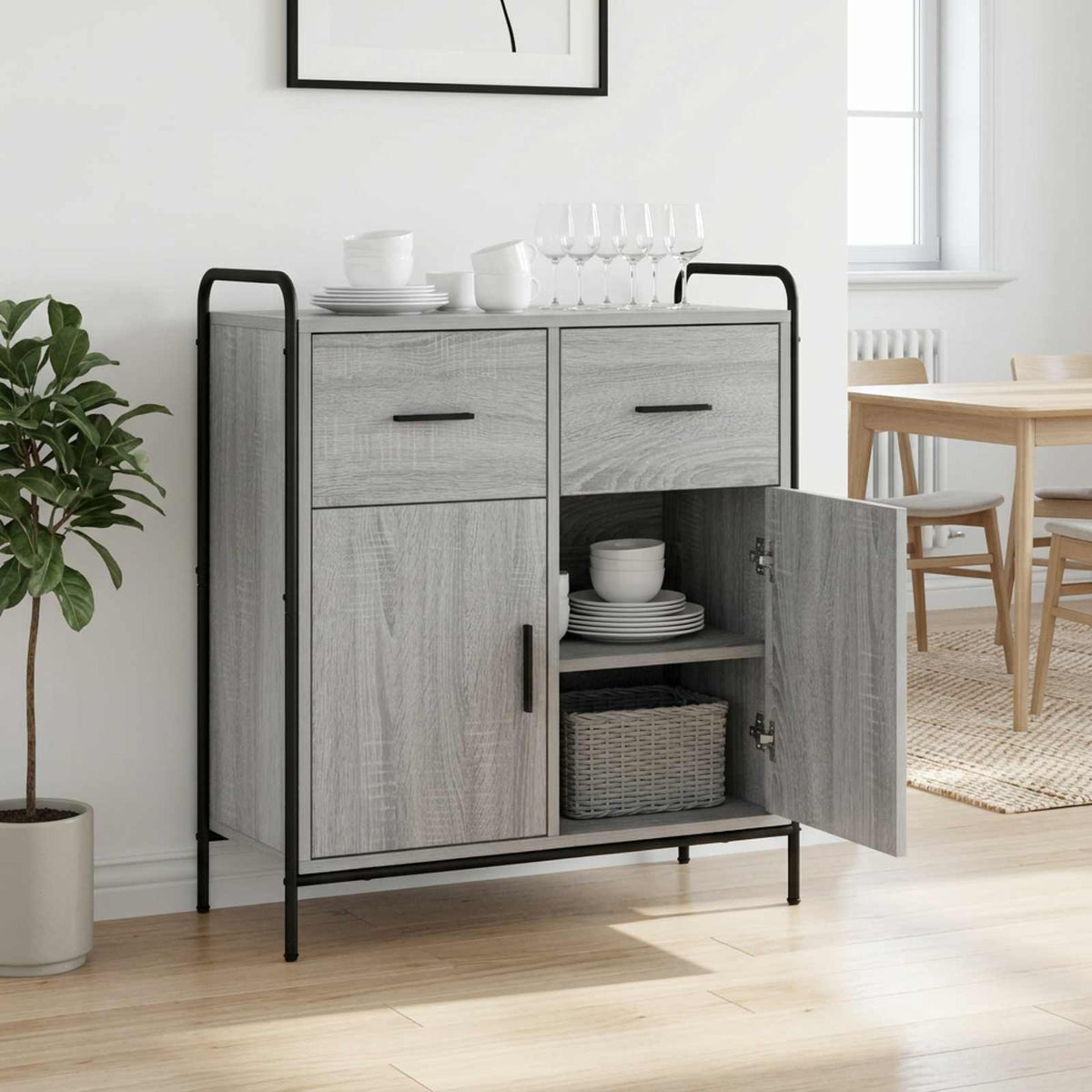 Sideboard 73 x 33 x 81 cm Engineered Wood with 2 Drawers & 2 Doors Grey sonoma