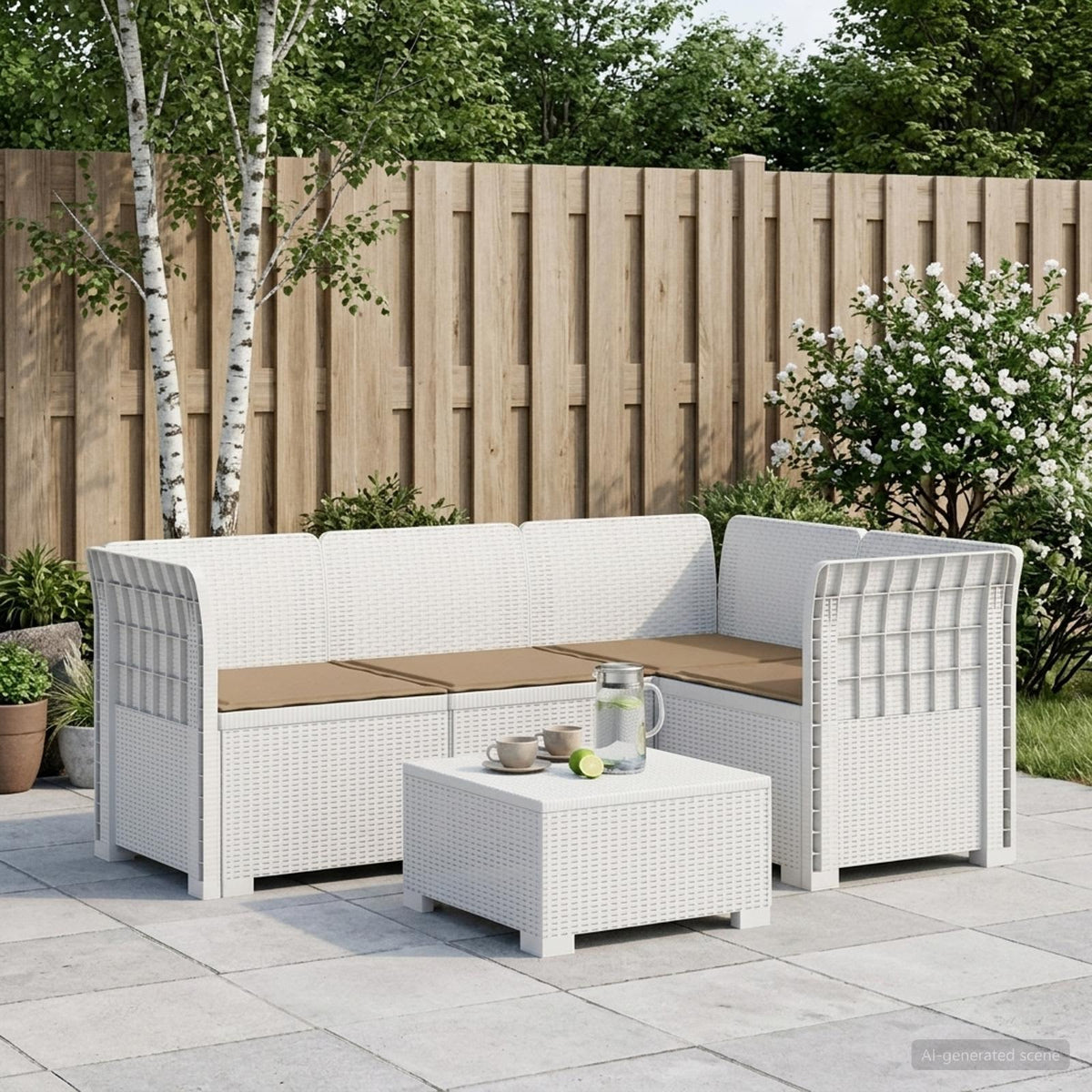 4-Seater Garden Sofa with Cushions Rattan Look PP Brown with Seat Cushion White and taupe