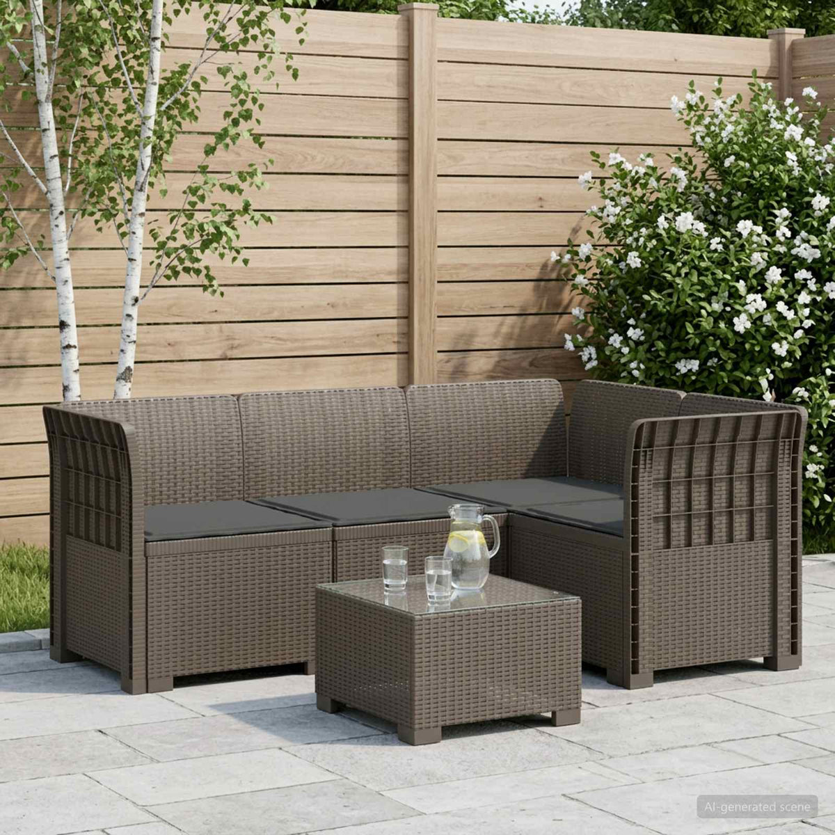4-Seater Garden Sofa with Cushions Rattan Look PP Brown with Seat Cushion Light grey and anthracite