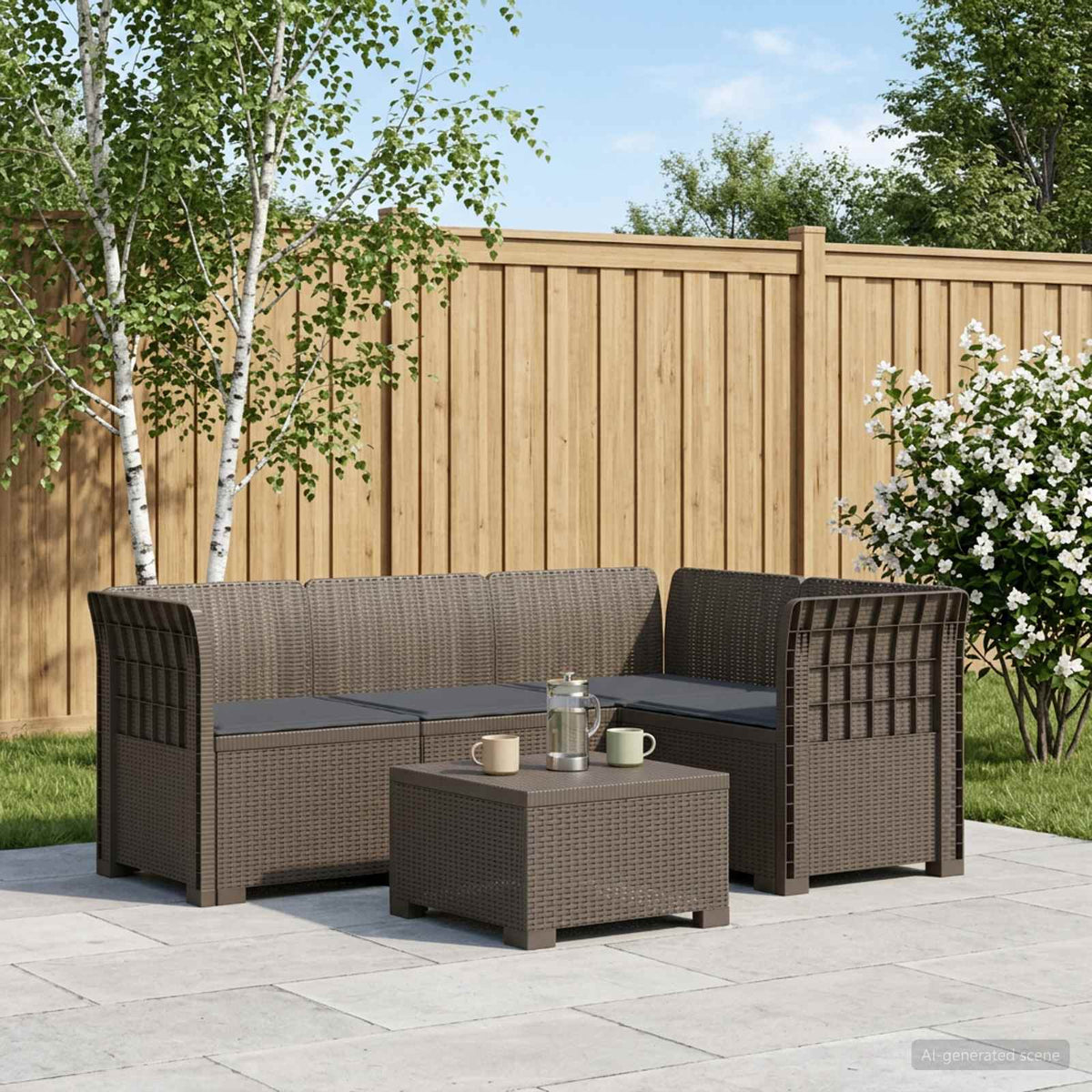 4-Seater Garden Sofa with Cushions Rattan Look PP Brown with Seat Cushion Light grey