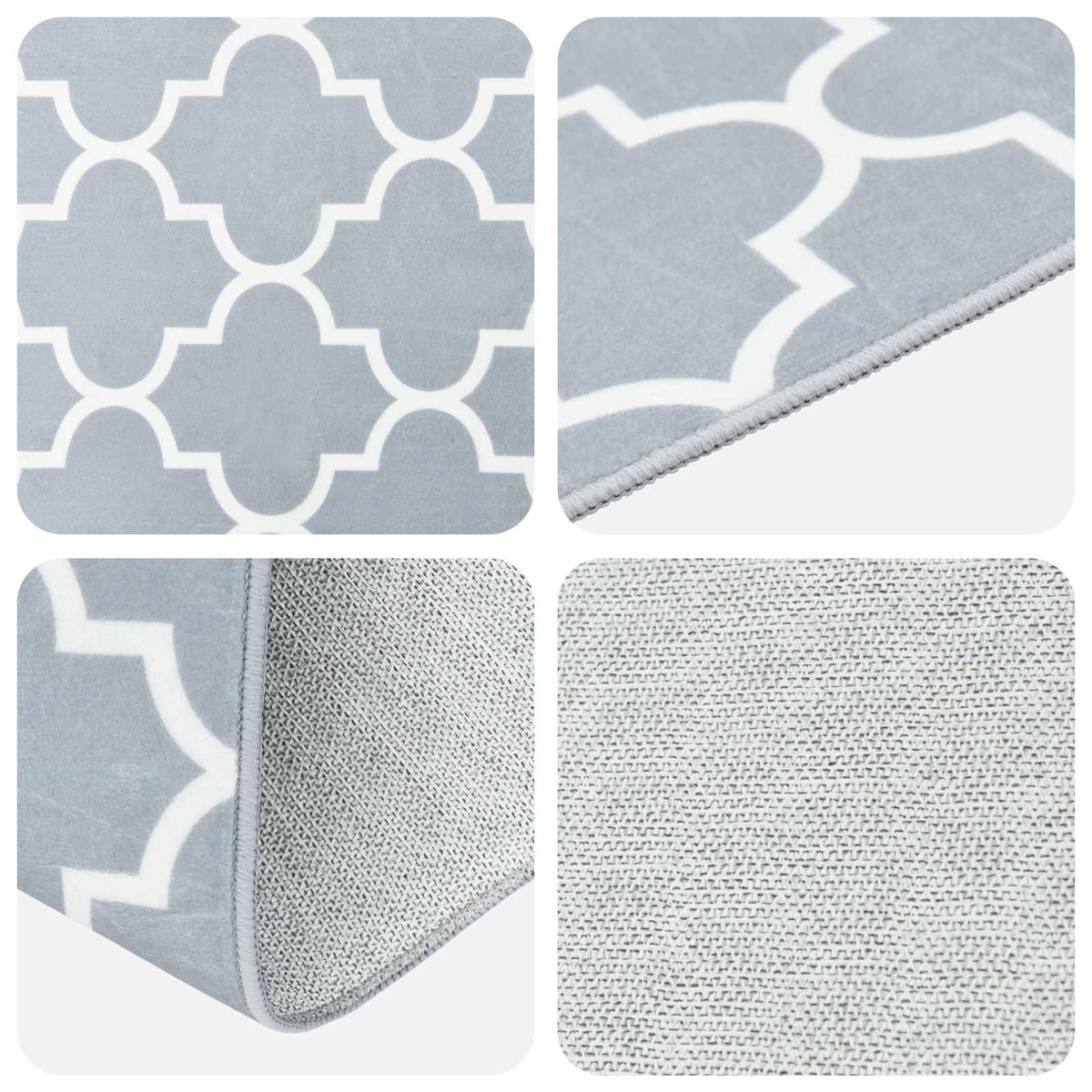 the rug runner showing close-up details of the pattern, edges and the textured backing
