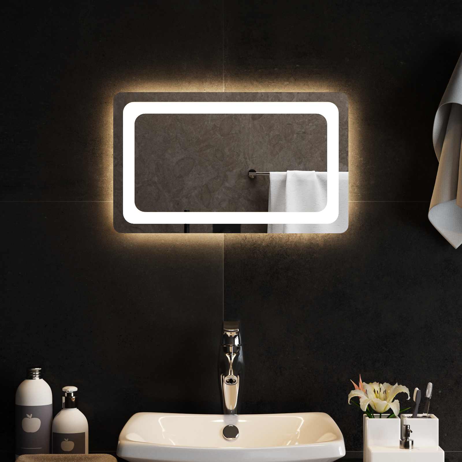 vidaXL LED Bathroom Mirror Transparent 50 x 30 cm Tempered Glass 3