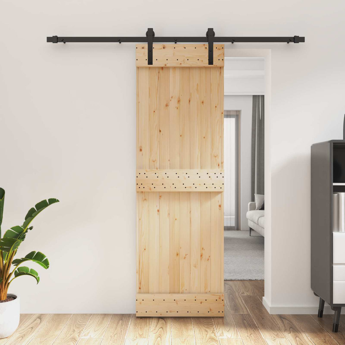 vidaXL Sliding Door Natural and Black 70 x 210 cm Solid Pine Wood 1
