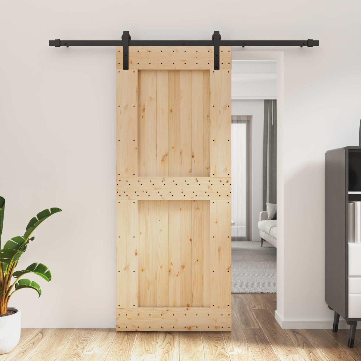 vidaXL Sliding Door Natural and Black 85 x 210 cm Solid Pine Wood 1