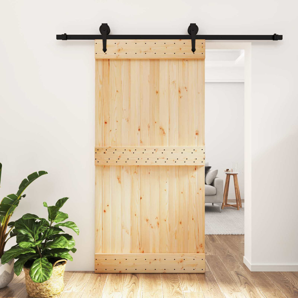 vidaXL Sliding Door Natural and Black 100 x 210 cm Solid Pine Wood 1