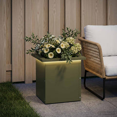 Garden Planter with LED 30 x 30 x 30 cm Steel 1 Width 30 cm Depth 30 cm Olive green
