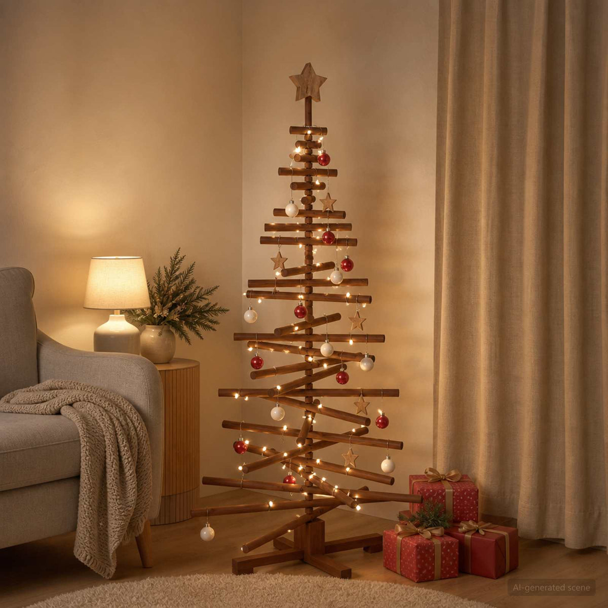 Wooden Christmas Tree KOTKA Solid Pine Wood Dark Brown Finish 150 cm
