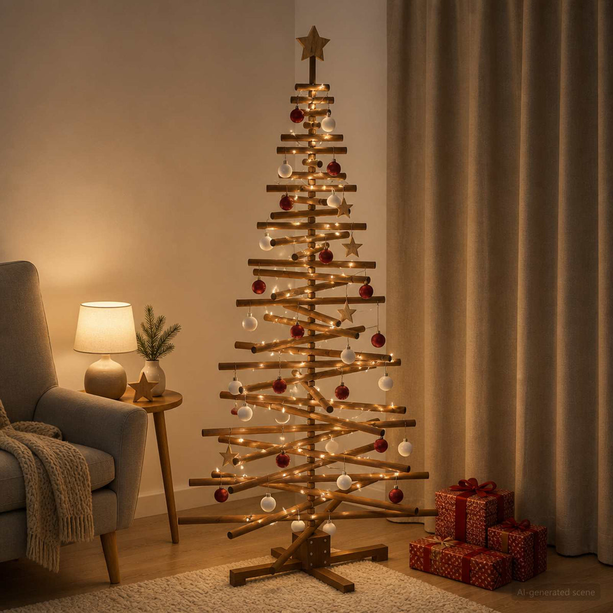 Wooden Christmas Tree KOTKA Solid Pine Wood Dark Brown Finish 180 cm