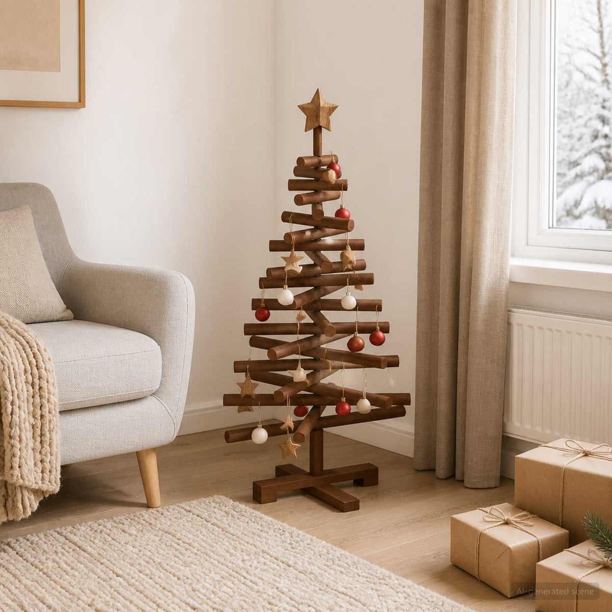 Wooden Christmas Tree KOTKA Solid Pine Wood Dark Brown Finish 90 cm
