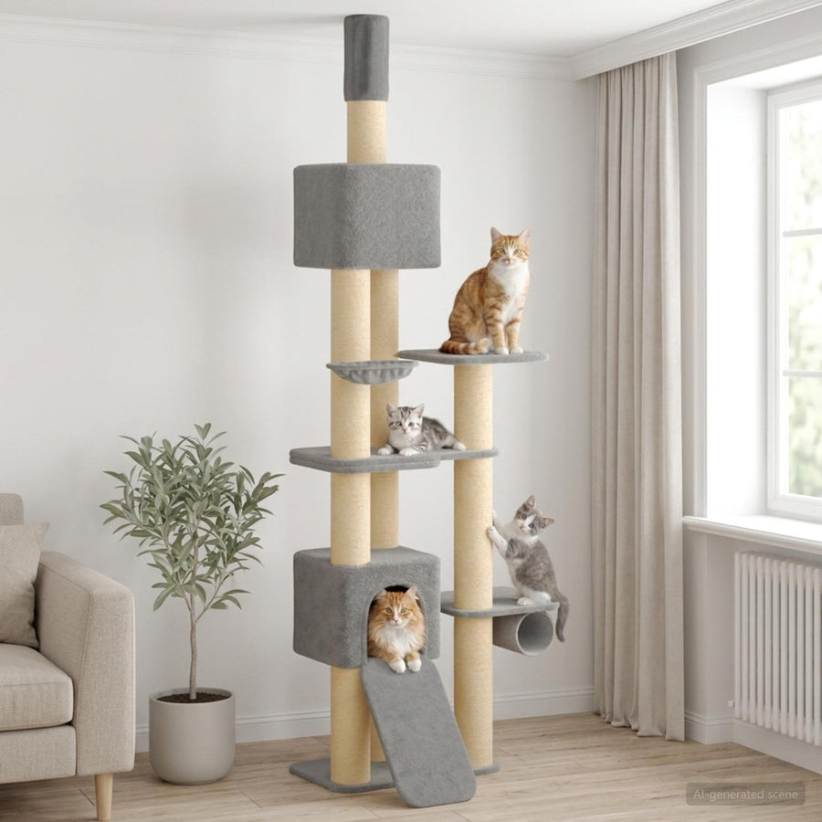 vidaXL Floor-to-Ceiling Cat Tree with Sisal Post Light Grey 257-283 cm 1