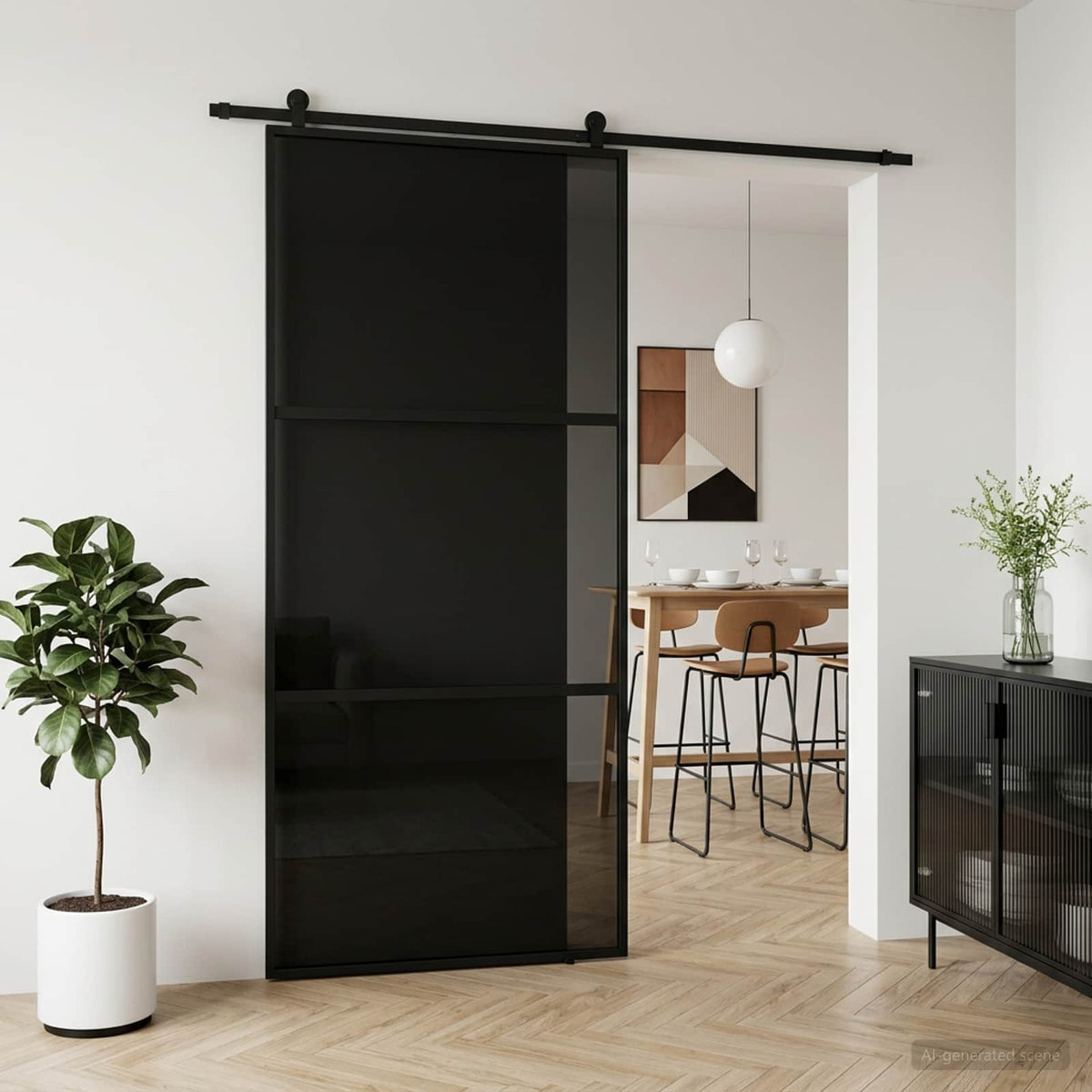 Sliding Door ESG Glass and Aluminium Black 102 x 205 cm 2 horizontal bars (dark transparent glass)