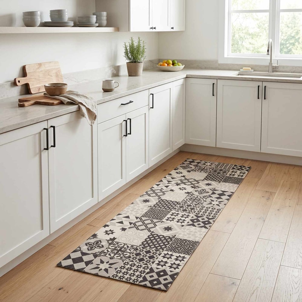 Kitchen Rug Grey Mosaic Polyamide Washable