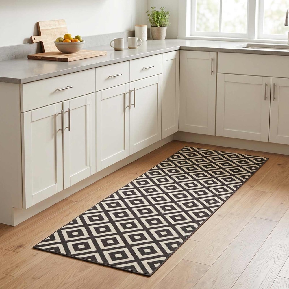 Kitchen Rug Grey White Diamonds Polyamide