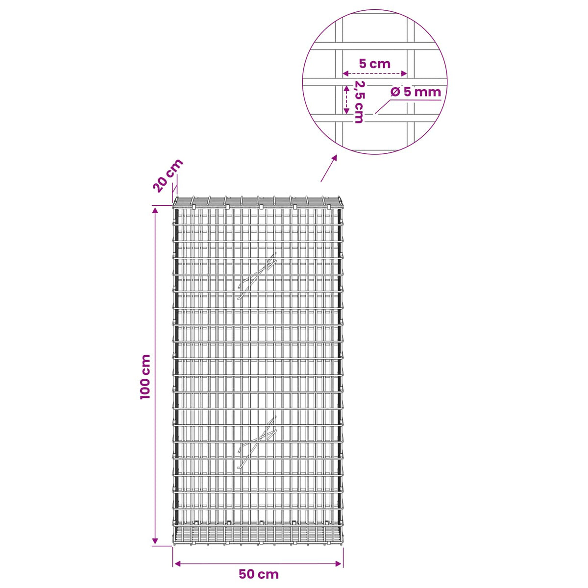 Gabion with 5 mm Wire and 5x2.5 cm Mesh 50x20x100 cm 50 cm