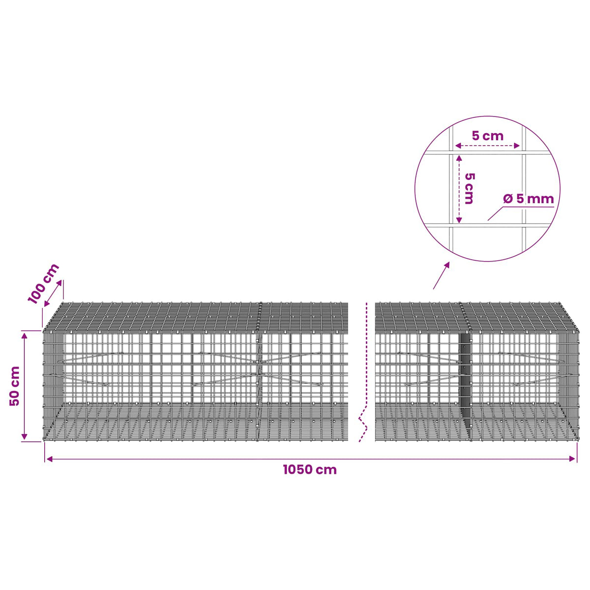 Gabion with 5 mm Wire and 5x5 cm Mesh 1050x100x50 cm 1050 cm