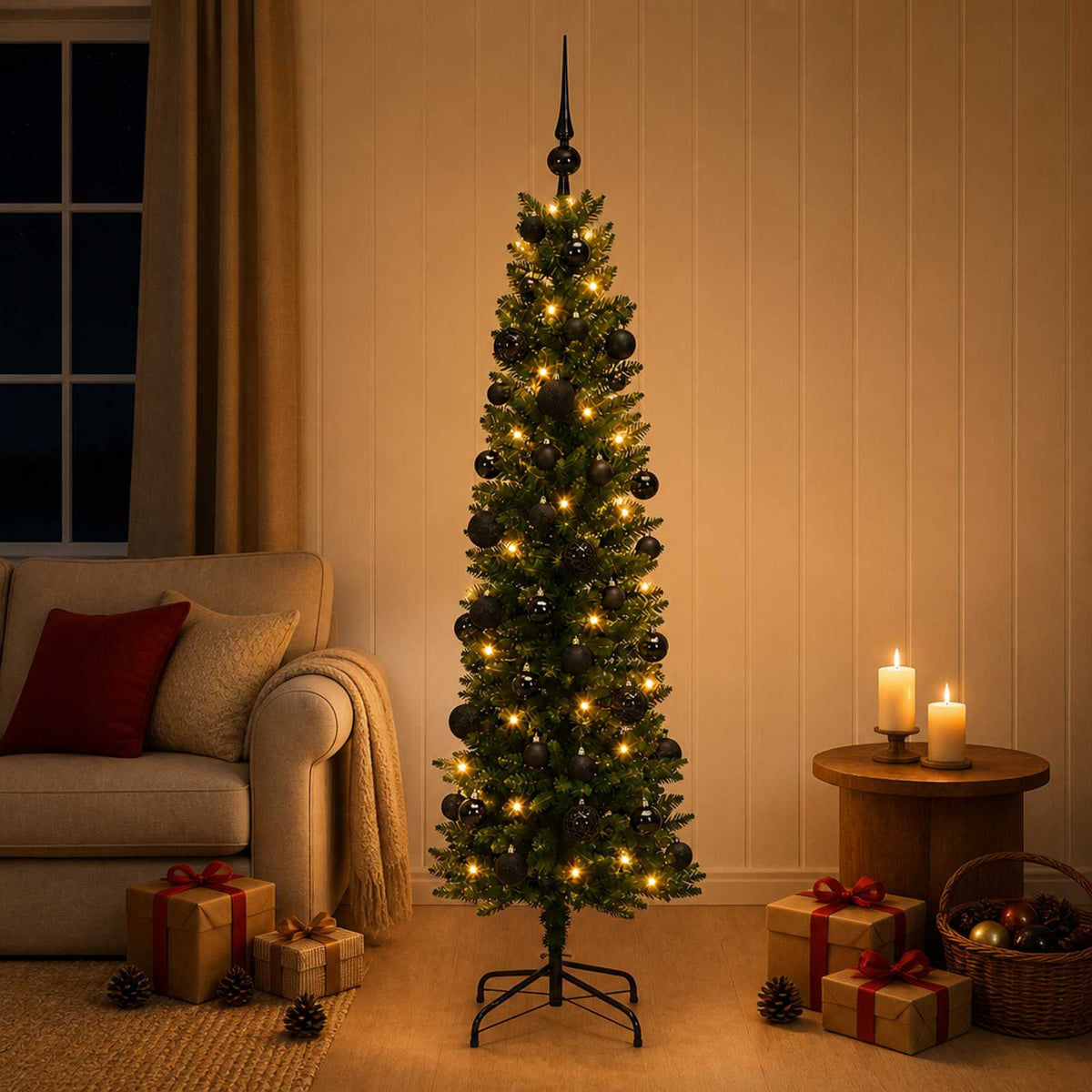 Artificial Slim Christmas Tree with Bauble 150 LEDs Green 150 cm with LEDs & black balls