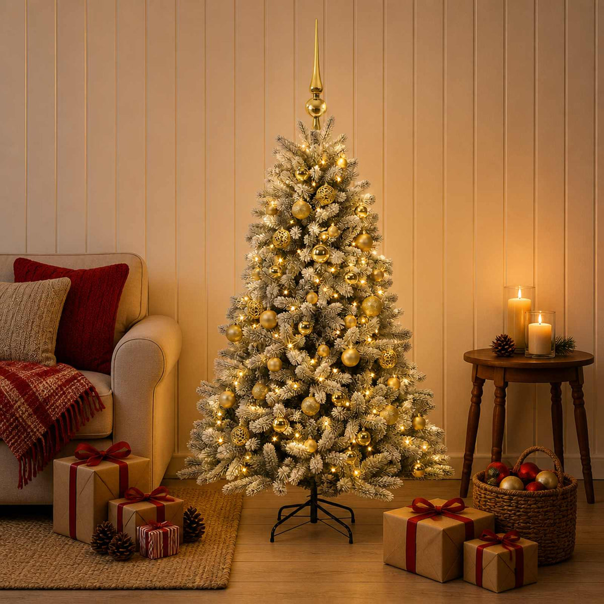 Artificial Christmas Tree with Bauble 150 LEDs Green and White 150 cm with LEDs & gold balls