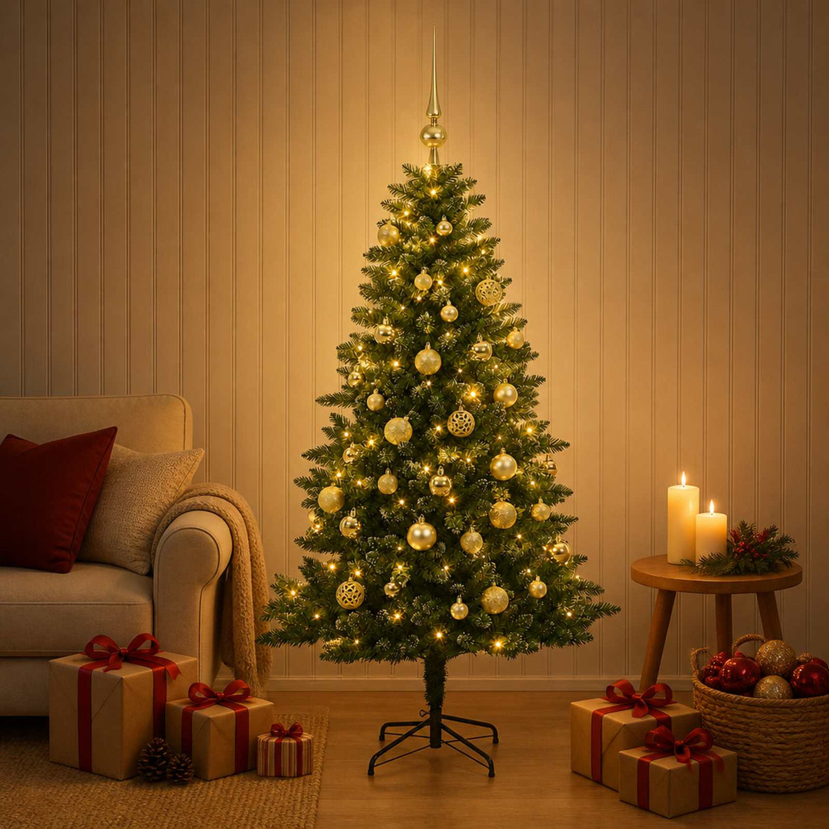 Artificial Christmas Tree with Bauble 150 LEDs 120 cm with LEDs & gold balls