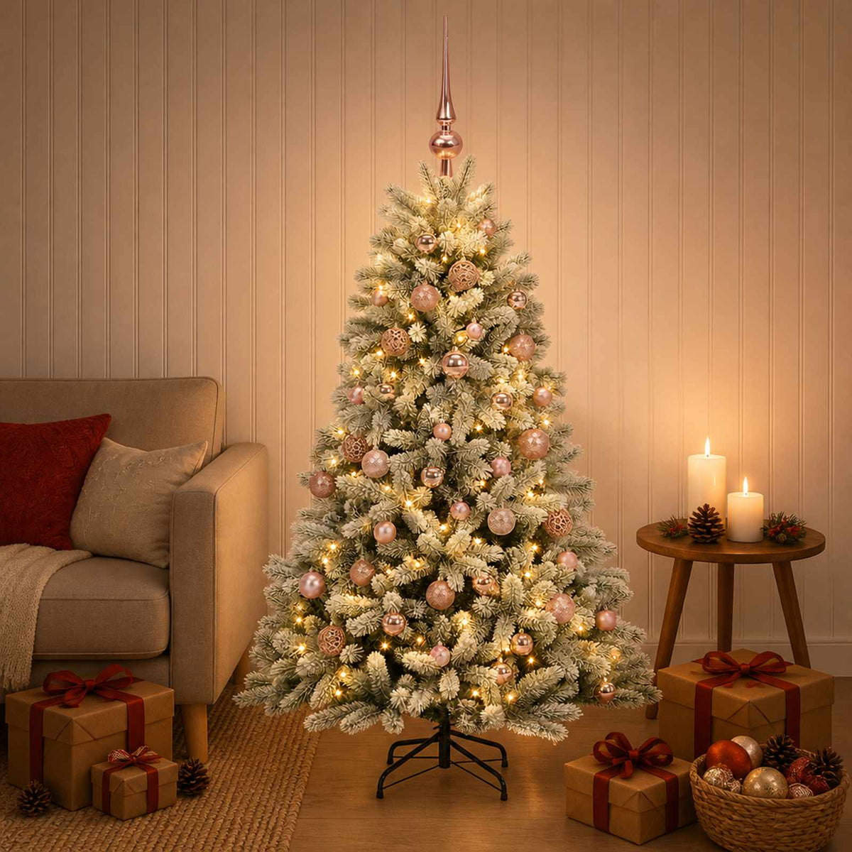 Artificial Christmas Tree with Bauble 150 LEDs Green and White 150 cm with LEDs & pink balls