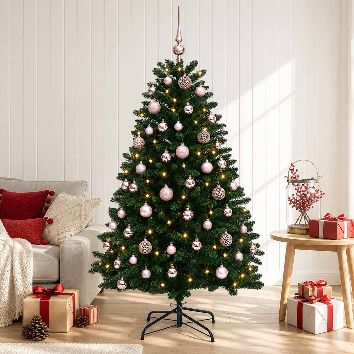 Artificial Christmas Tree Mid-green with Bauble 180 cm 300 LEDs Medium Green Ø 117 x 180 cm with 300 LEDs&pink balls