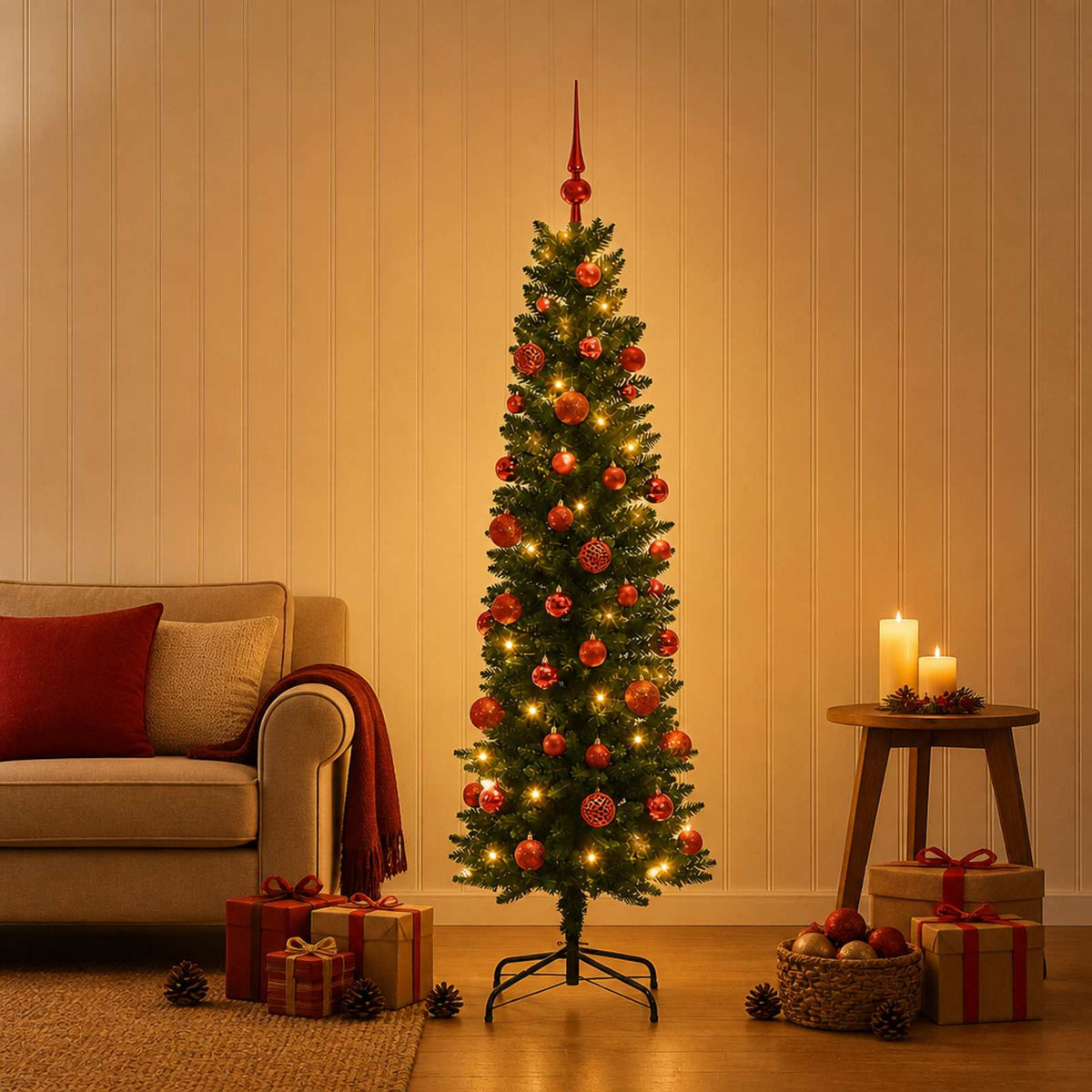 Artificial Slim Christmas Tree Bauble LEDs Green red balls