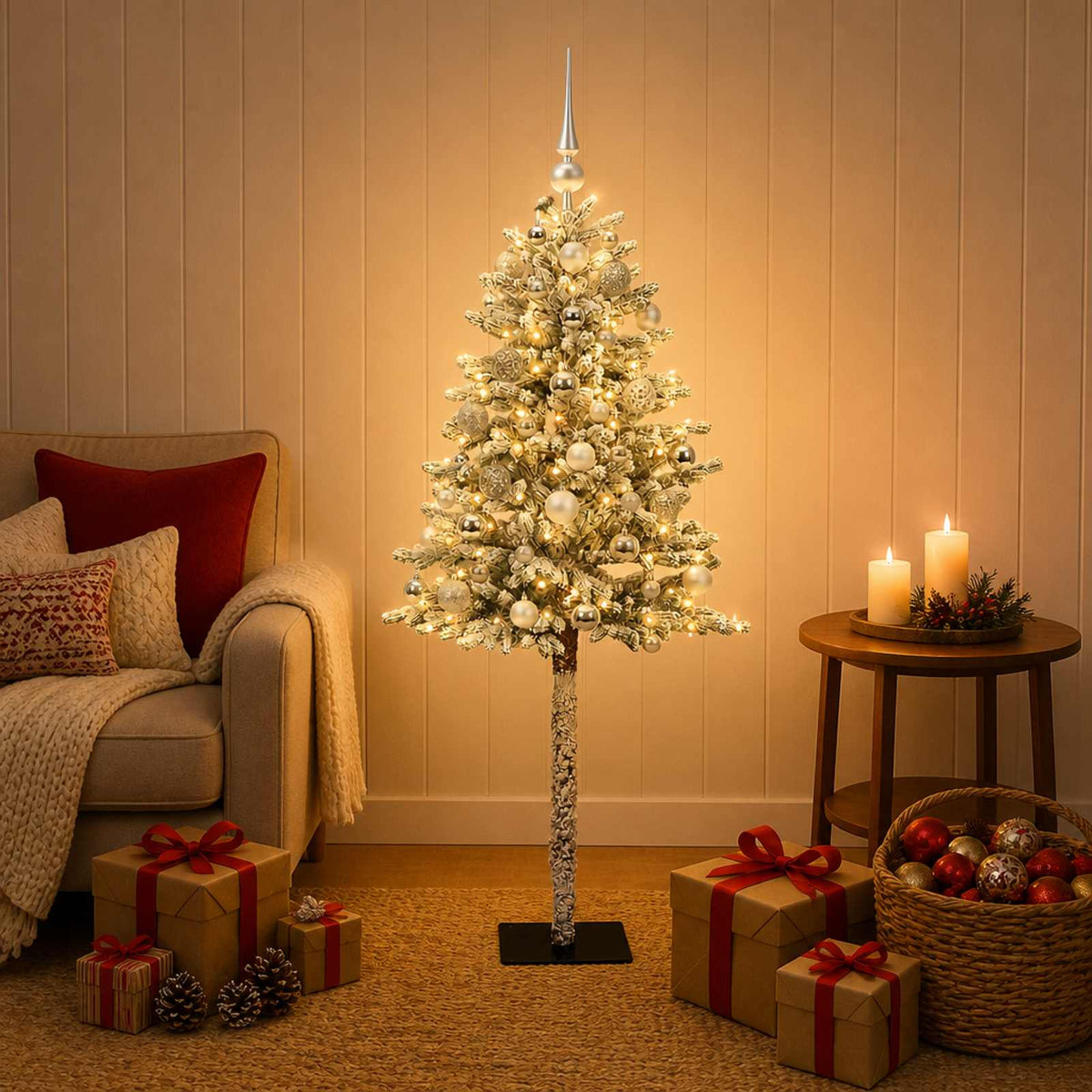 Artificial Christmas Tree with Bauble 300 LEDs Green and White 180 cm with LEDs & silver balls