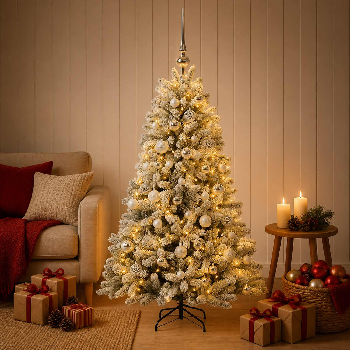 Artificial Christmas Tree with Bauble 150 LEDs Green and White 150 cm with LEDs & silver balls