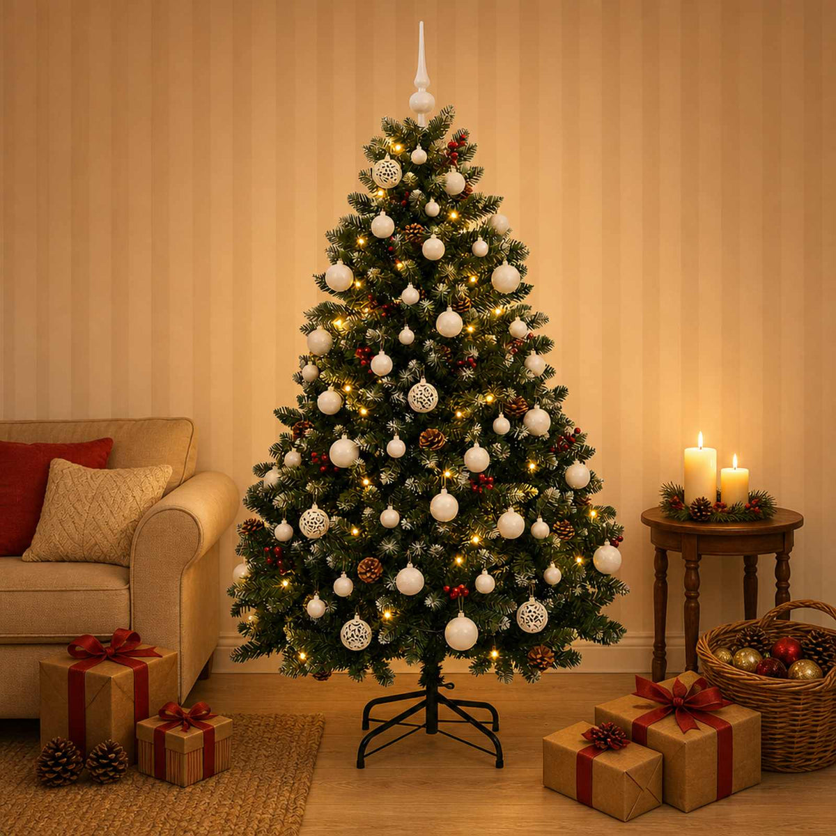 Artificial Christmas Tree Green with Bauble 150 cm 150 LEDs Green with Frosted Tips Ø 80 x 150 cm with 150 LEDs&white balls